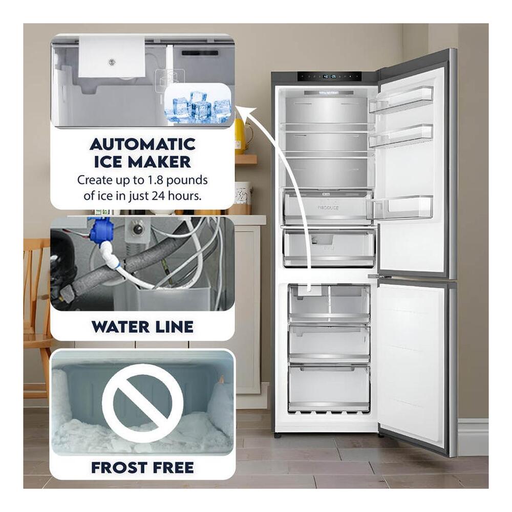 Equator RFI1200S 24 inch Freestanding Bottom-Freezer Refrigerator with 11.6 cu. ft. Capacity, Automatic Ice Maker, Eco Function, Fingerprint Resistant, in Stainless Steel