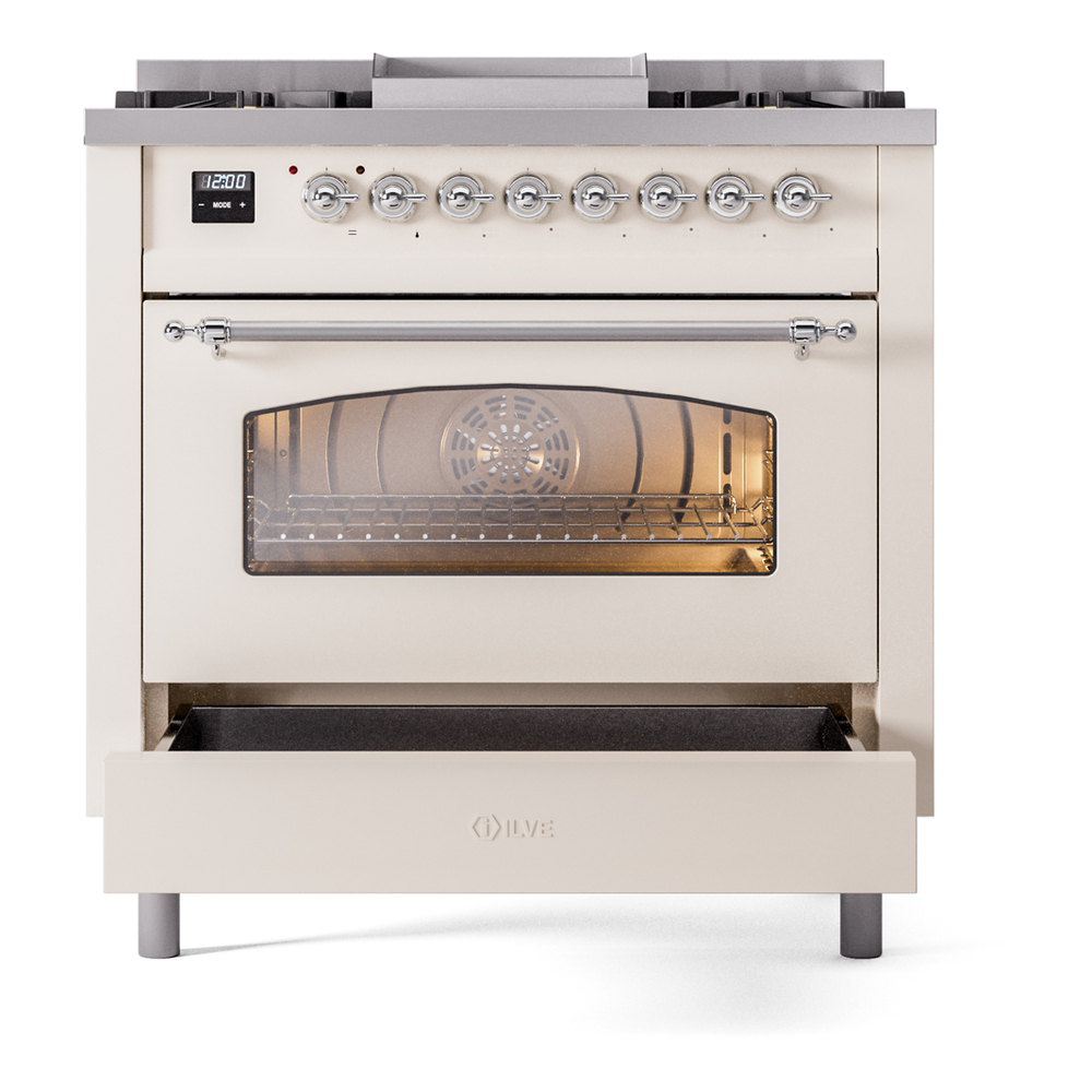 ILVE Nostalgie II 36" UP36FNMPAWC Dual Fuel Range drawer opened