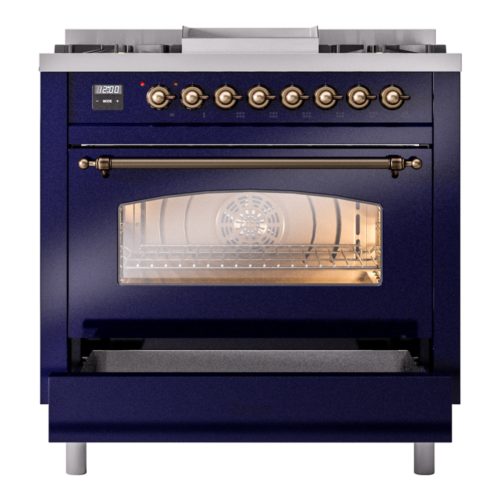 ILVE Nostalgie II 36" UP36FNMPMBBLP Dual Fuel Range drawer opened