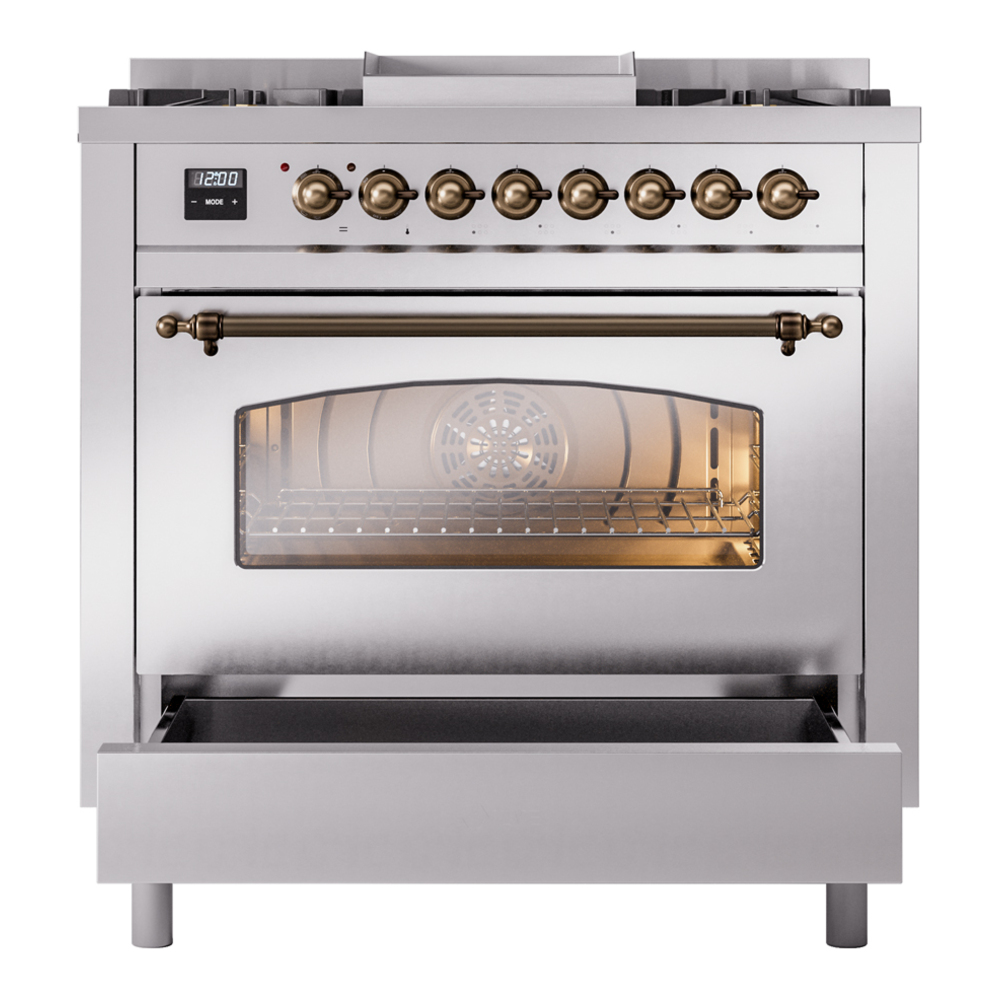 ILVE Nostalgie II 36" UP36FNMPSSB Dual Fuel Range drawer opened