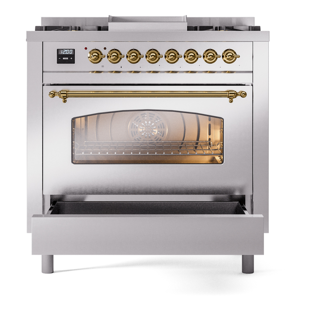 ILVE Nostalgie II 36" UP36FNMPSSG Dual Fuel Range drawer opened