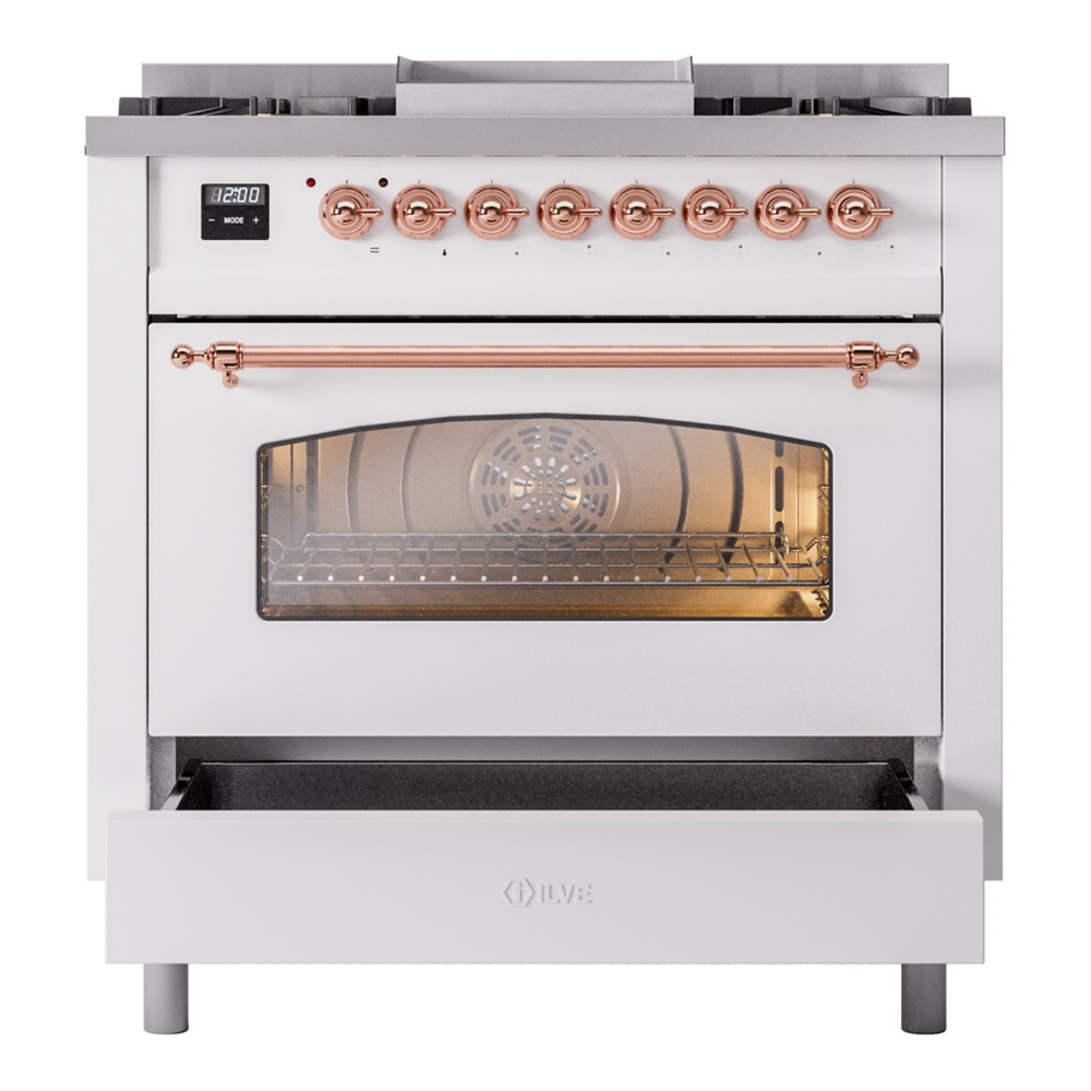 ILVE Nostalgie II 36" UP36FNMPWHPLP Dual Fuel Range drawer opened