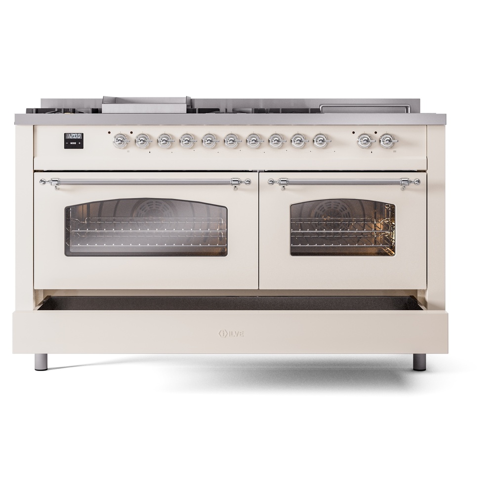 ILVE UP60FSNMPAWCLP Nostalgie II 60" Dual Fuel Range, drawer opened