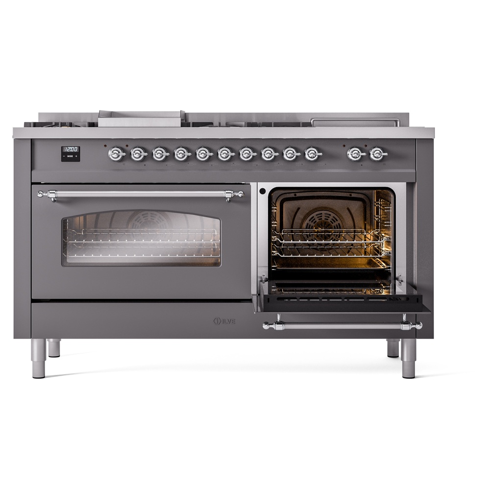 ILVE UP60FSNMPMGC Nostalgie II 60" Dual Fuel Range, side oven door opened