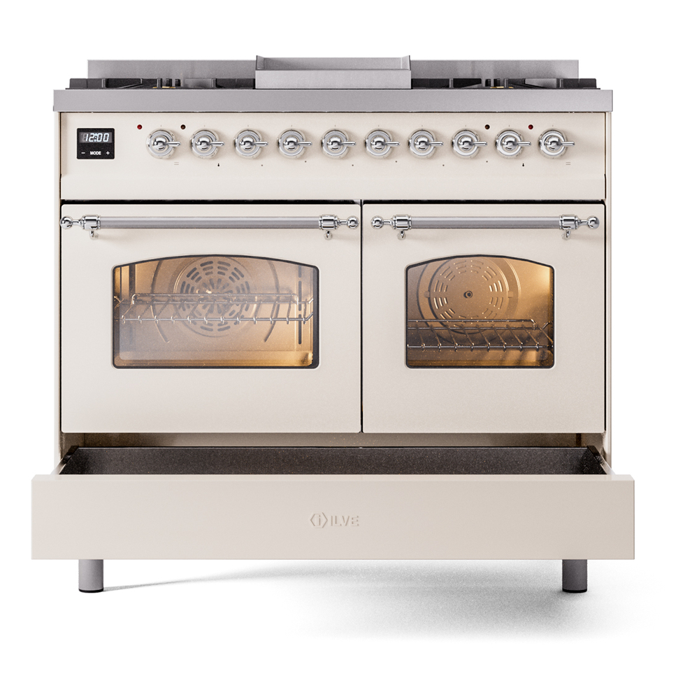 ILVE UPD40FNMPAWC Nostalgie II 40" Dual Fuel Range, drawer opened