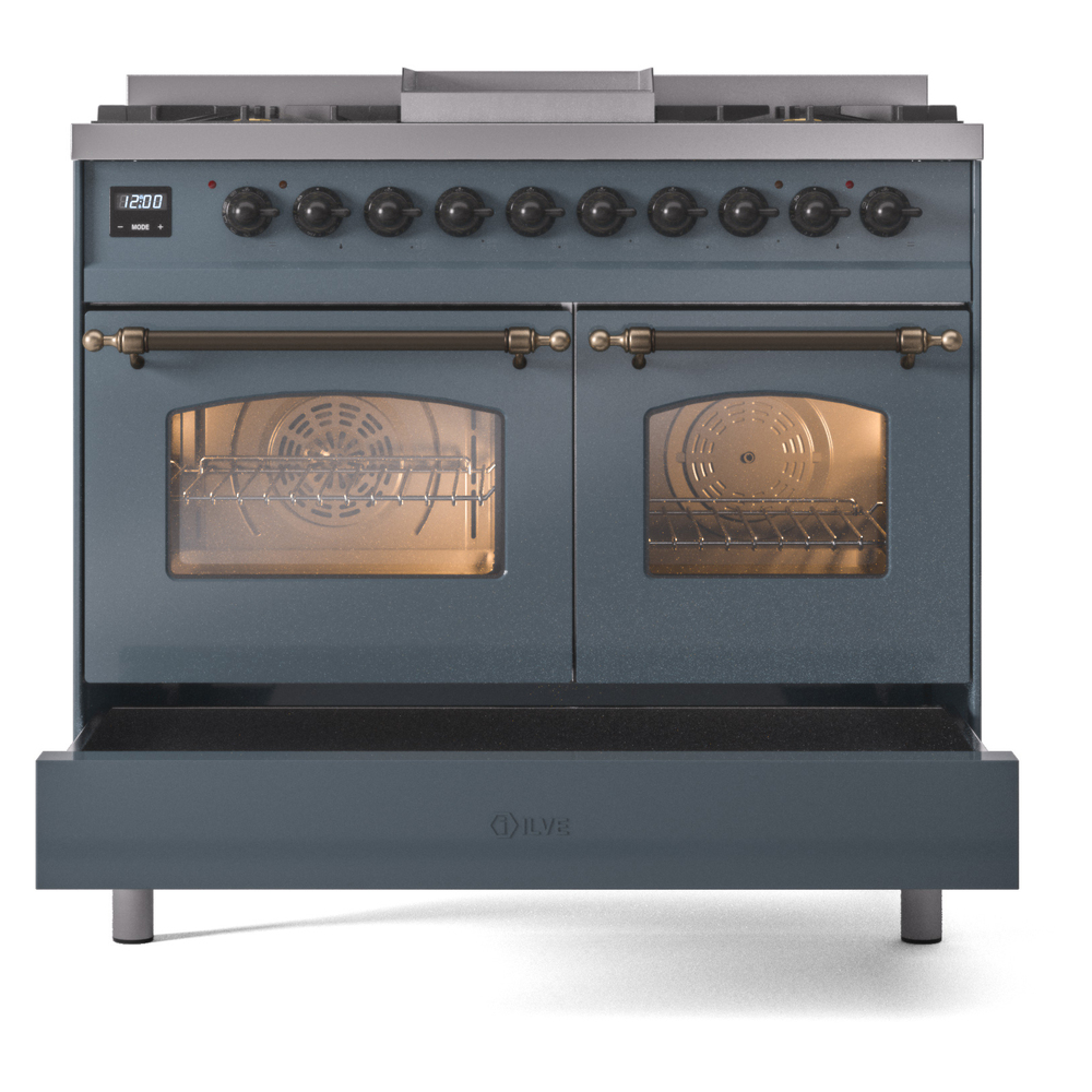 ILVE UPD40FNMPBGBLP Nostalgie II 40" Dual Fuel Range, drawer opened