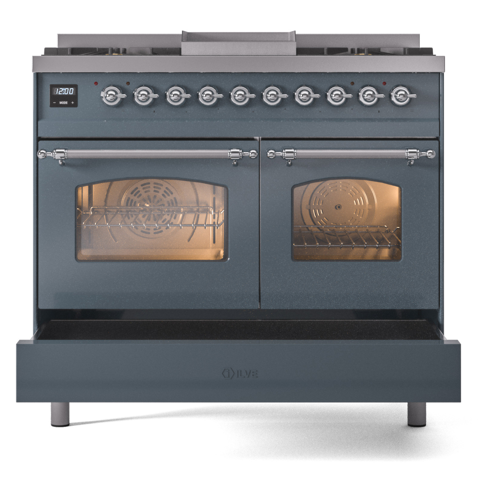 ILVE UPD40FNMPBGC Nostalgie II 40" Dual Fuel Range, drawer opened