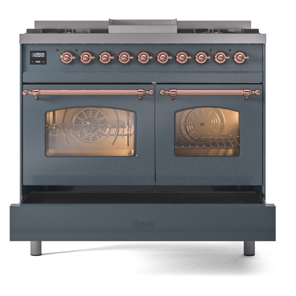 ILVE UPD40FNMPBGP Nostalgie II 40" Dual Fuel Range, drawer opened