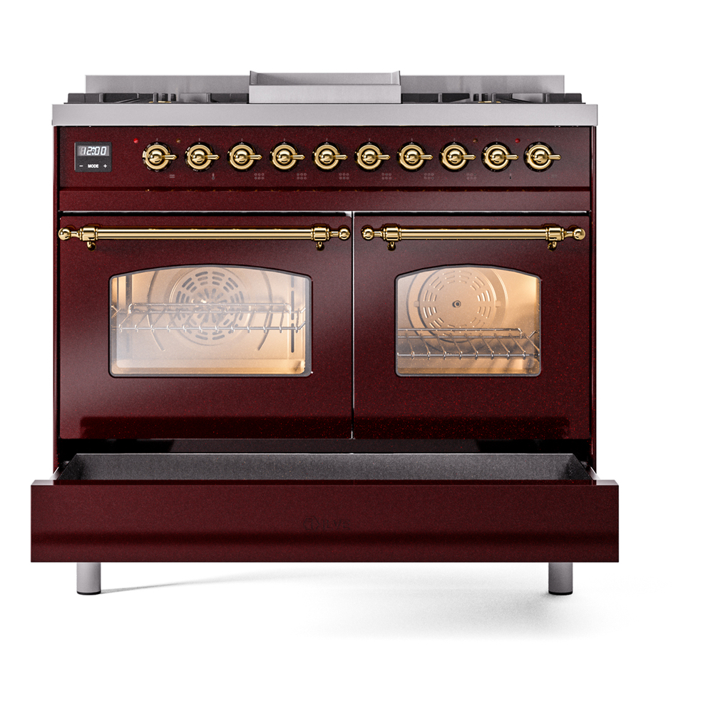 ILVE UPD40FNMPBUGLP Nostalgie II 40" Dual Fuel Range, drawer opened