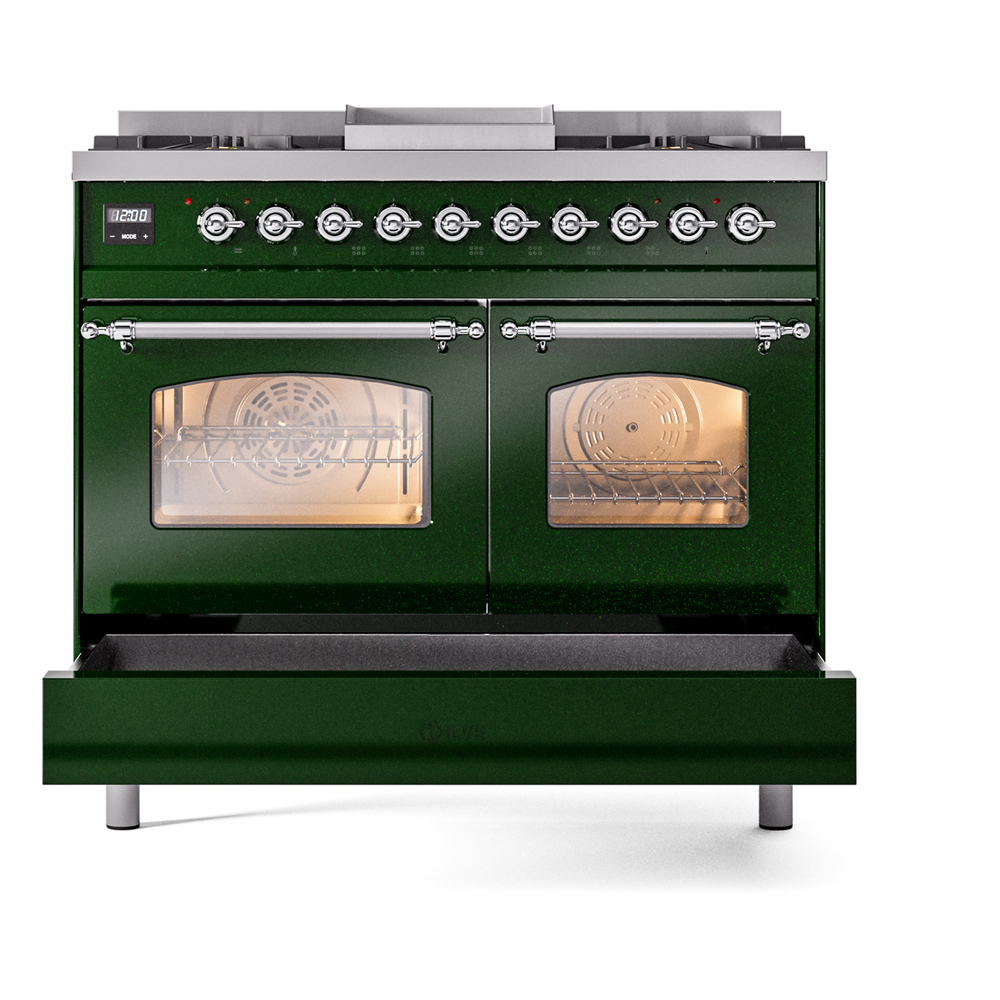 ILVE UPD40FNMPEGC Nostalgie II 40" Dual Fuel Range, drawer opened