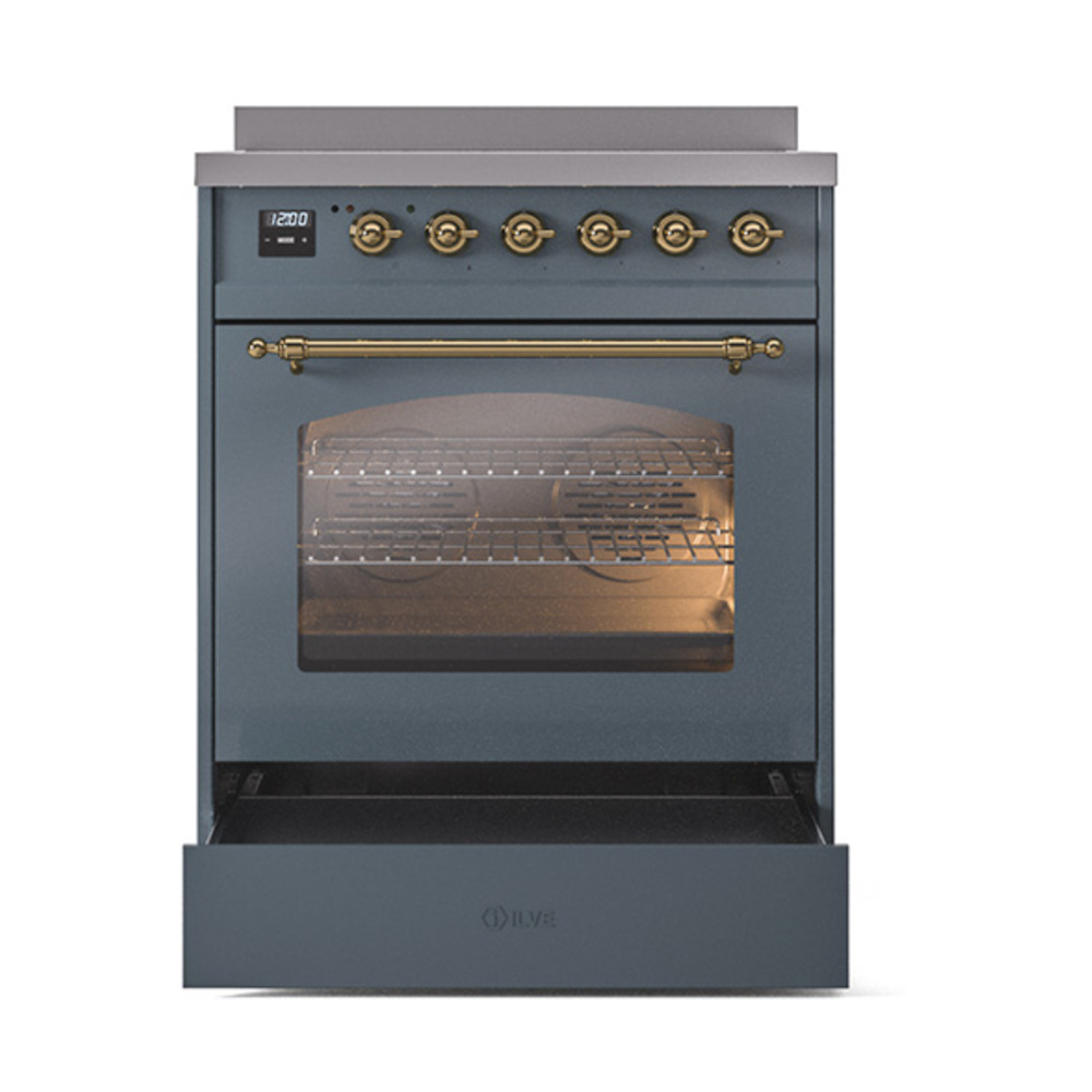 ILVE_UPI304NMPBGG_Nostalgie_II_30"_Dual_Fuel_Range_drawer_opened