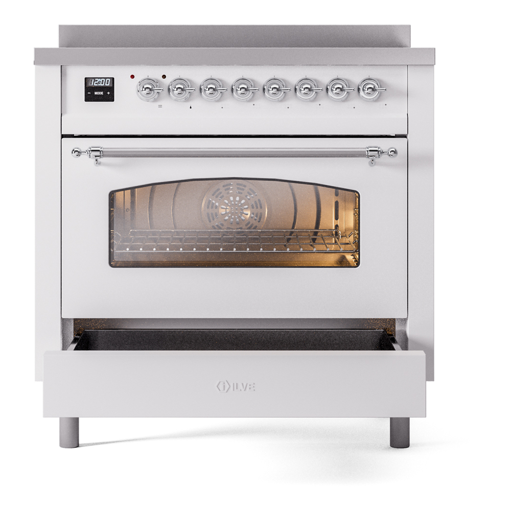 ILVE UPI366NMPWHC Nostalgie II 36" Induction Range, drawer opened