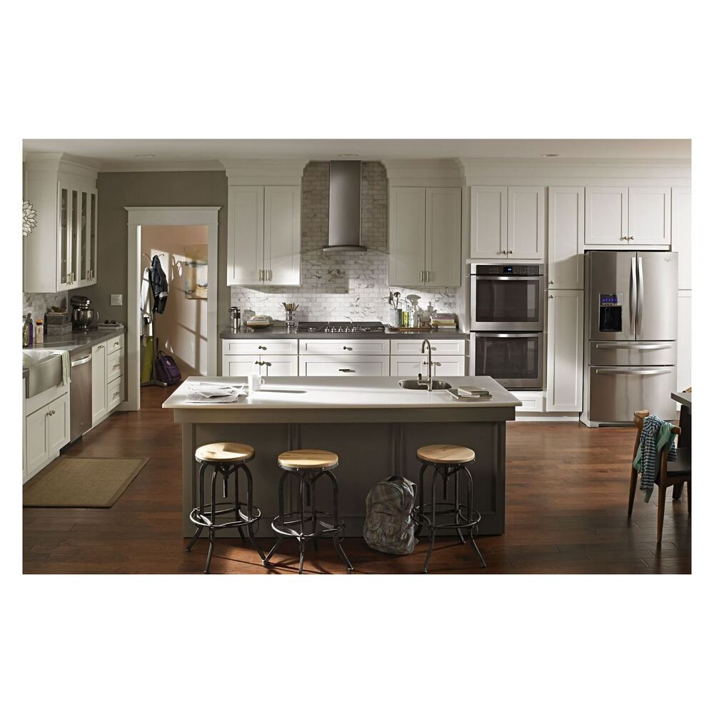 Whirlpool WVI75UC6DS 36 Inch Glass Island Mount Range Hood with 400 CFM, Push Button Control, LED Lighting, Grease Filter, 49 dBA Noise Level in Stainless Steel