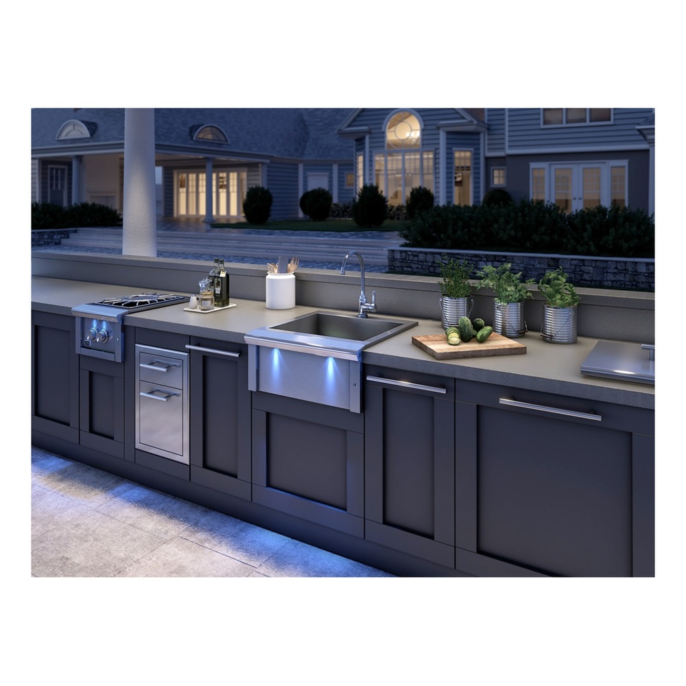 XO XOG24SINK 24 inch Pro-Grade Luxury Apron Sink with Gooseneck Hot/Cold Faucet and Cover, Blue LED Bullnose, in Stainless Steel