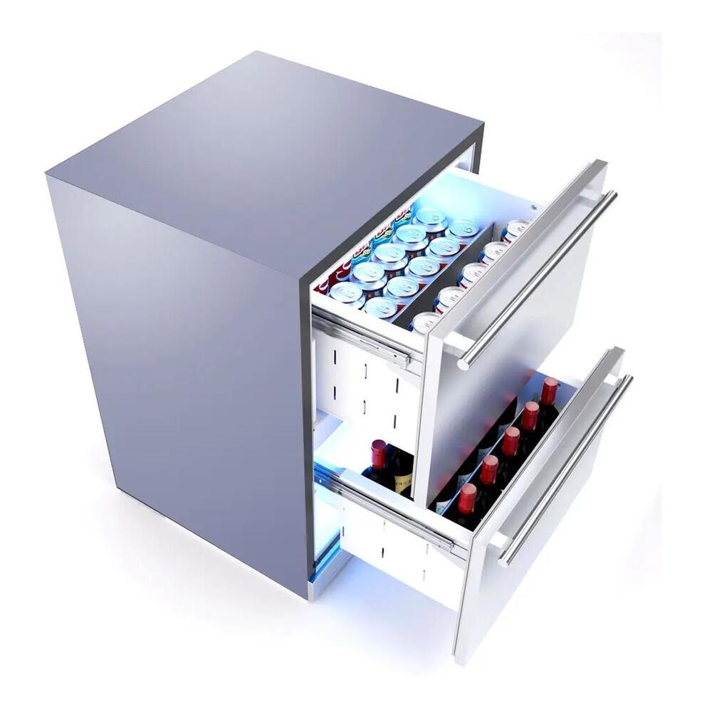 XO XOU24ORDS 24" Outdoor Beverage Refrigerator Drawers with 5.2 cu. ft. Capacity, Cold Convenience, Elegant Tri-Color Illumination, Holds Tall Bottles, in Stainless Steel