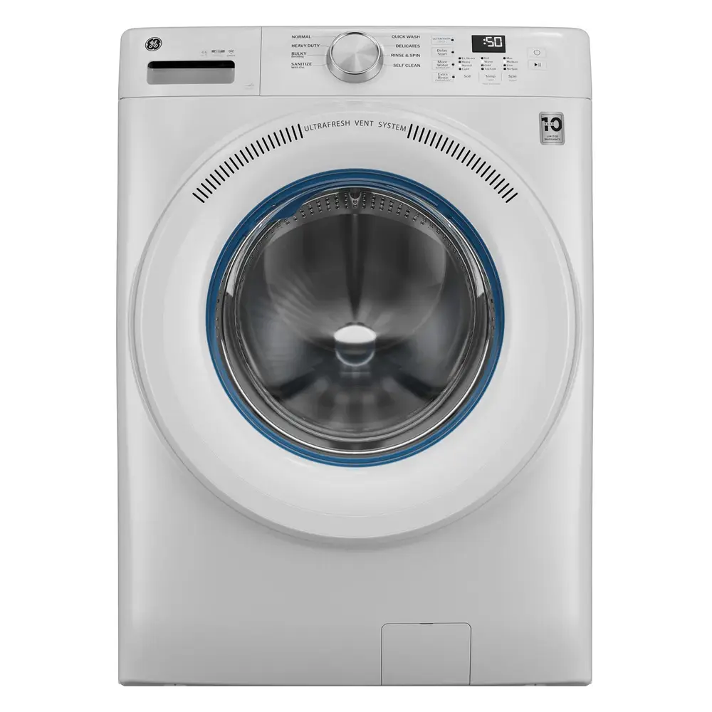 GE Front Load Laundry Pair with GFW350SSYWW 28 inch Front Load Washer, GFD35GSSYWW 28 inch Gas Dryer and 2x GFP1528SNWW Pedestal in White