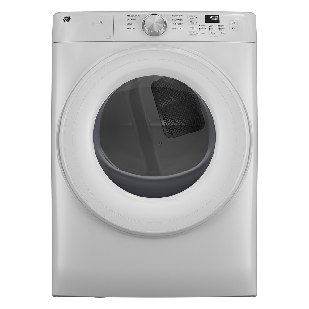 GE GFD35GSSYWW 28 Inch Front Load Gas Dryer with 7.8 cu. ft. Capacity, Smart Appliance, Wrinkle Care, Sanitize Cycle, Reversible Door in White