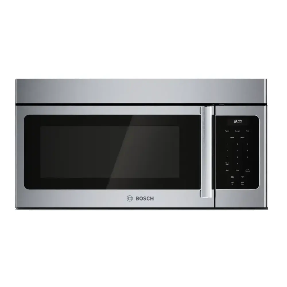 Bosch 100 Series 4-Piece Kitchen Package with HGF1050MUC 30 Inch Slide-In Gas Range, B36FD10ENS 36 Inch Freestanding French Door Bottom Mount Smart Refrigerator, SHE3AEM5N 24 Inch Full Console Built-In Smart Dishwasher and HMV3054U 30 Inch Over-the-Range Microwave in Stainless Steel