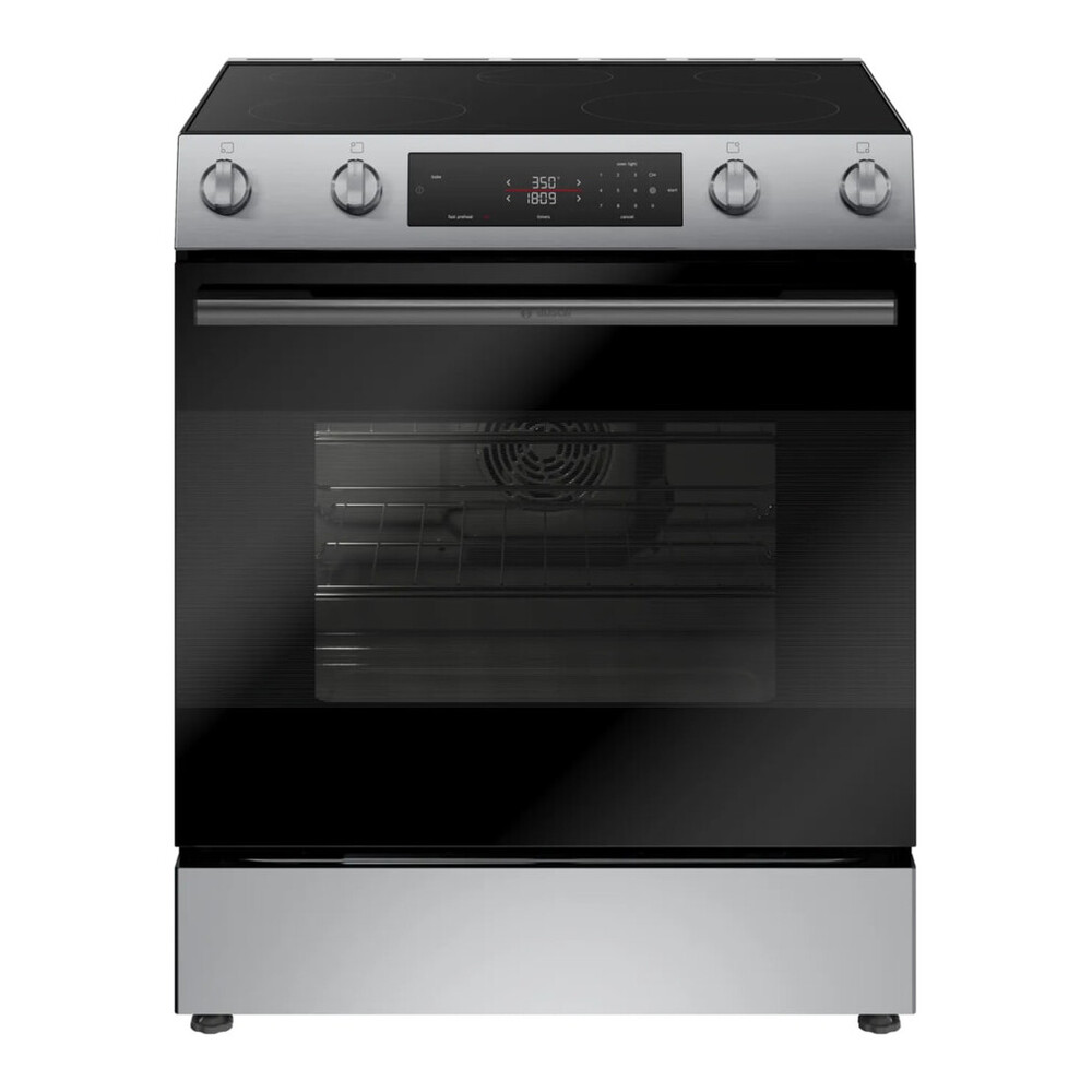 Bosch 100 Series 4-Piece Kitchen Package with HEF1050MU 30 Inch Slide-In Electric Range, B36FD10ENS 36 Inch Freestanding French Door Bottom Mount Smart Refrigerator, SHE3AEM5N 24 Inch Full Console Built-In Smart Dishwasher and HMV3054U 30 Inch Over-the-Range Microwave in Stainless Steel
