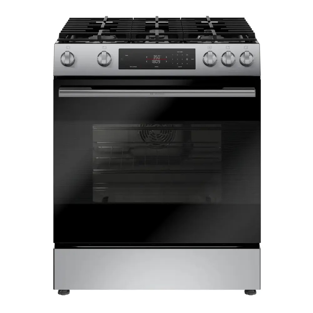 Bosch 100 Series 4-Piece Kitchen Package with HGF1050MUC 30 Inch Slide-In Electric Range, B36FD10ENS 36 Inch Freestanding French Door Bottom Mount Smart Refrigerator, SHE3AEM5N 24 Inch Full Console Built-In Smart Dishwasher and HUI30253UC 30 Inch Smart Custom Insert Hood in Stainless Steel
