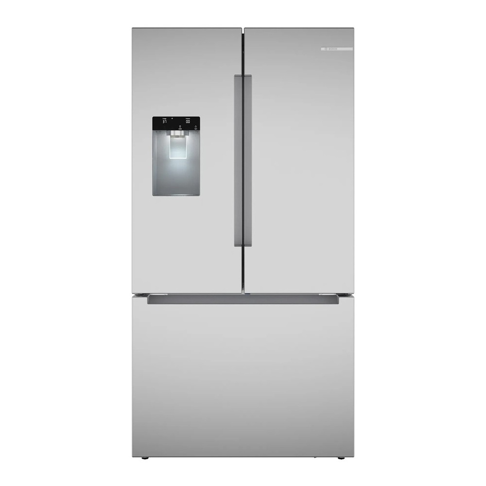 Bosch 100 Series 4-Piece Kitchen Package with HGF1050MUC 30 Inch Slide-In Electric Range, B36FD10ENS 36 Inch Freestanding French Door Bottom Mount Smart Refrigerator, SHE3AEM5N 24 Inch Full Console Built-In Smart Dishwasher and HUI30253UC 30 Inch Smart Custom Insert Hood in Stainless Steel