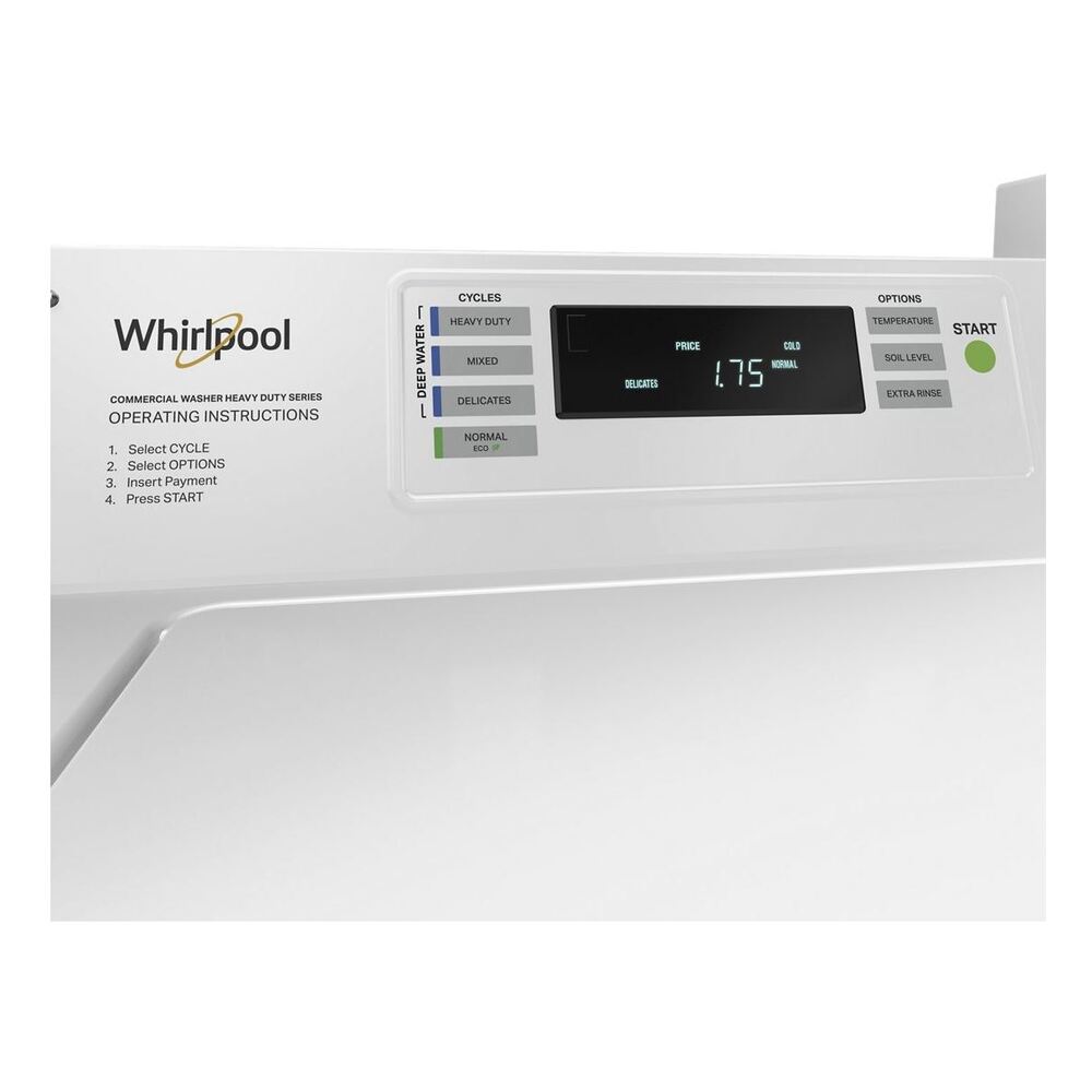 Whirlpool CAE2779JQ 27 Inch Commercial Top Load Washer with Factory-Installed Coin Drop, Coin Box, Full-Wrap Console, Deep Water Wash System in White