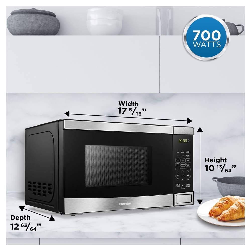 Danby DBMW0722BBS 18 inch 0.7 Cu. Ft. Countertop Microwave Oven with 700 Watts, Express Cook, 6 Auto Cook Options, Add 30 Seconds, Auto Defrost, Child Lock and Glass Turntable in Black