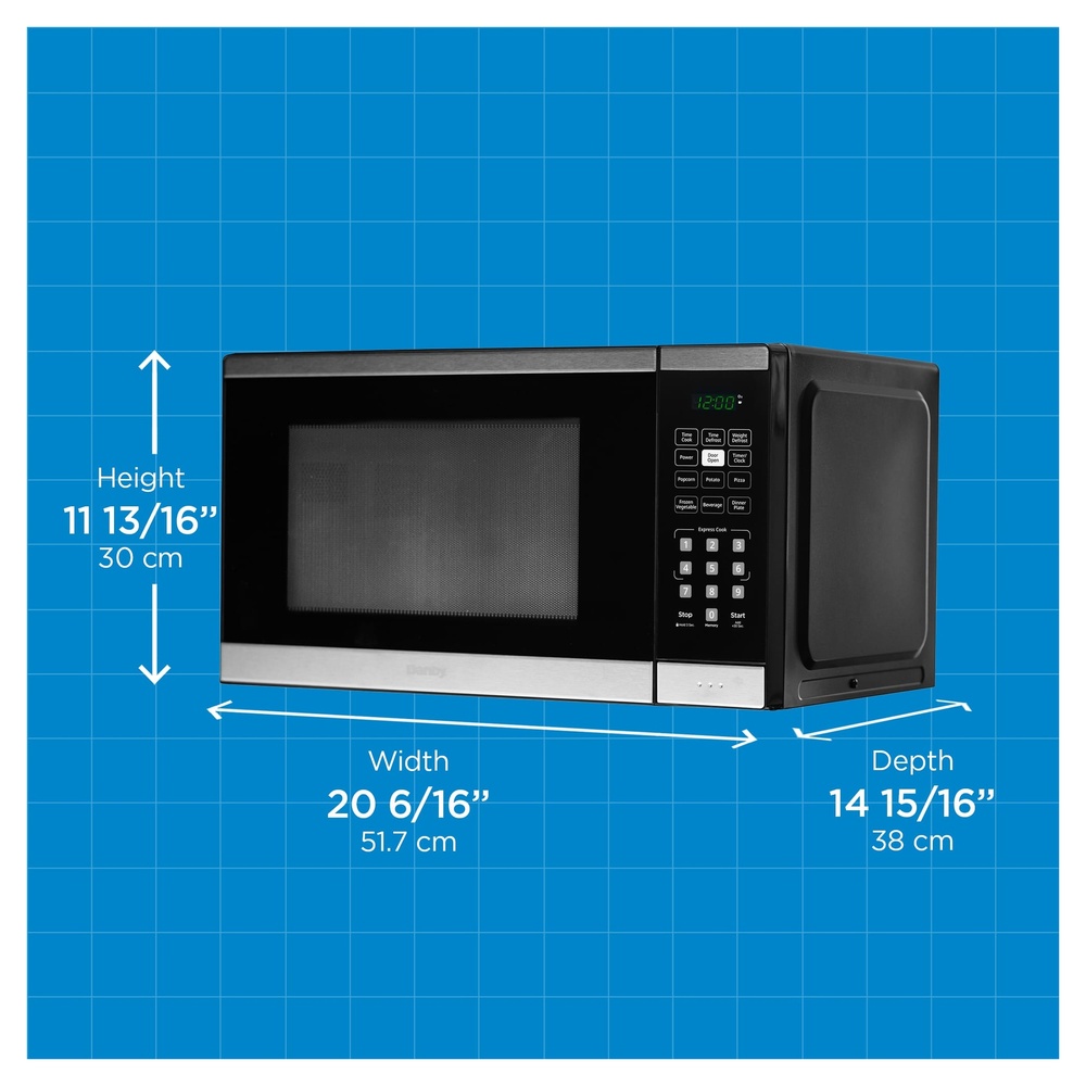 Danby DBMW1126BBS 21 inch 1.1 Cu. Ft. Countertop Microwave Oven with 900 Watts, Express Cook, Add 30 Seconds, Auto Cook, Auto Defrost, Child Lock and Glass Turntable in Stainless Steel