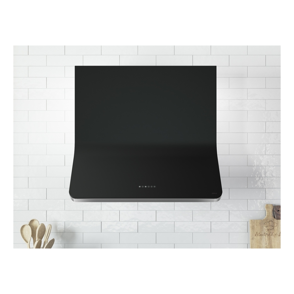 Zephyr DHZM90AMBX 36 inch Designer Series Horizon Wall Mount Hood, CleanAir Function, Ambient Lighting, Hybrid Baffle Filters, in Matte Black Glass