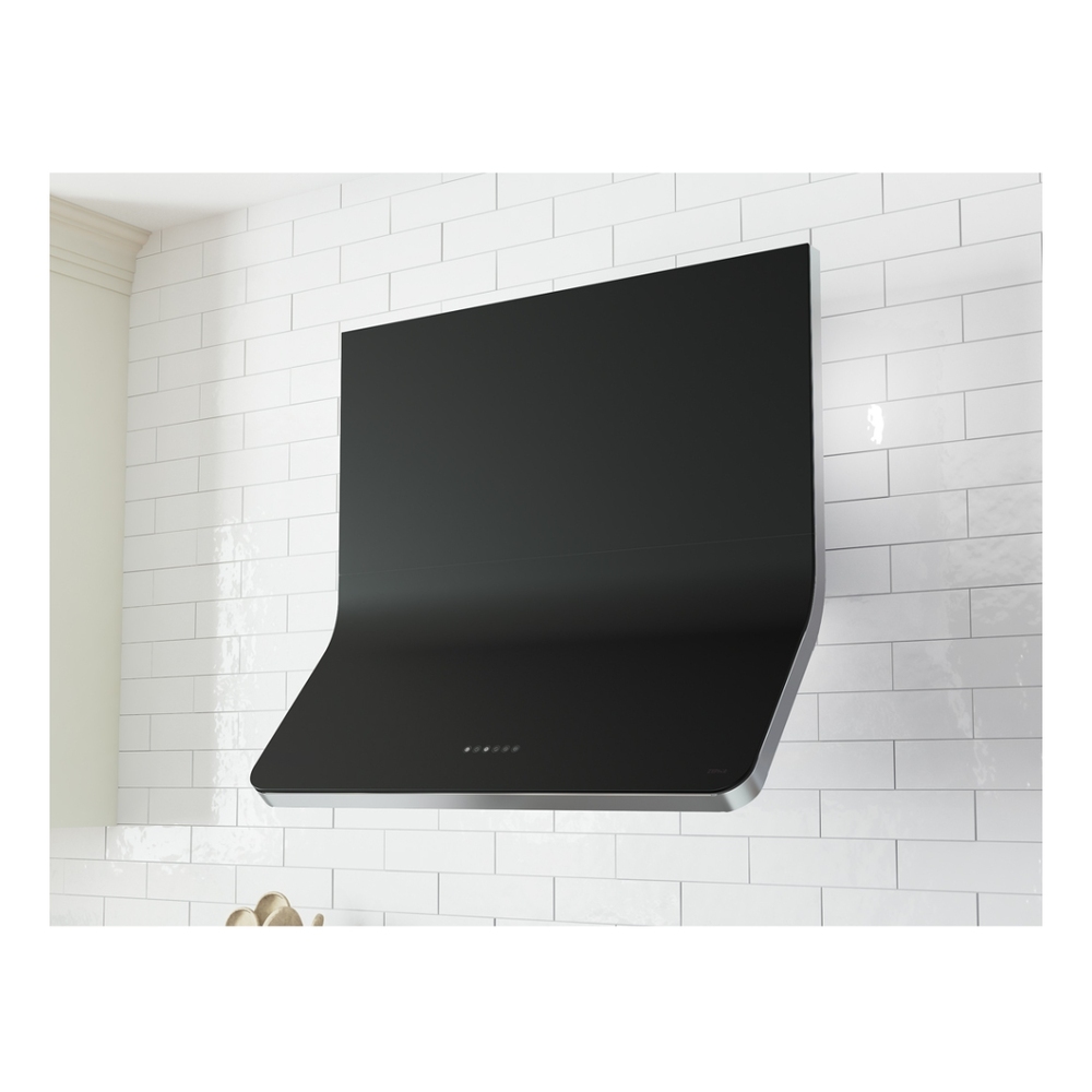 Zephyr DHZM90AMBX 36 inch Designer Series Horizon Wall Mount Hood, CleanAir Function, Ambient Lighting, Hybrid Baffle Filters, in Matte Black Glass