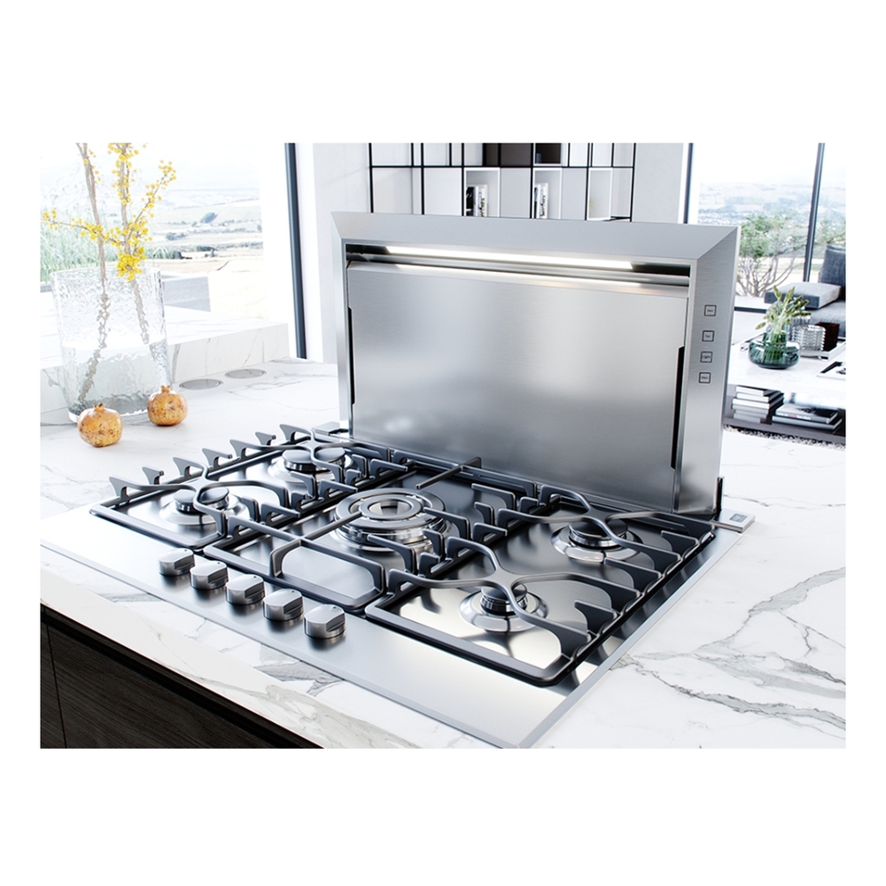 Zephyr DLIE36ASX 36 inch Designer Series Lift Downdraft Mount Hood, BriteStrip™ LED Lighting, 4-Way Ducting, Filter Clean Reminder, in Stainless Steel