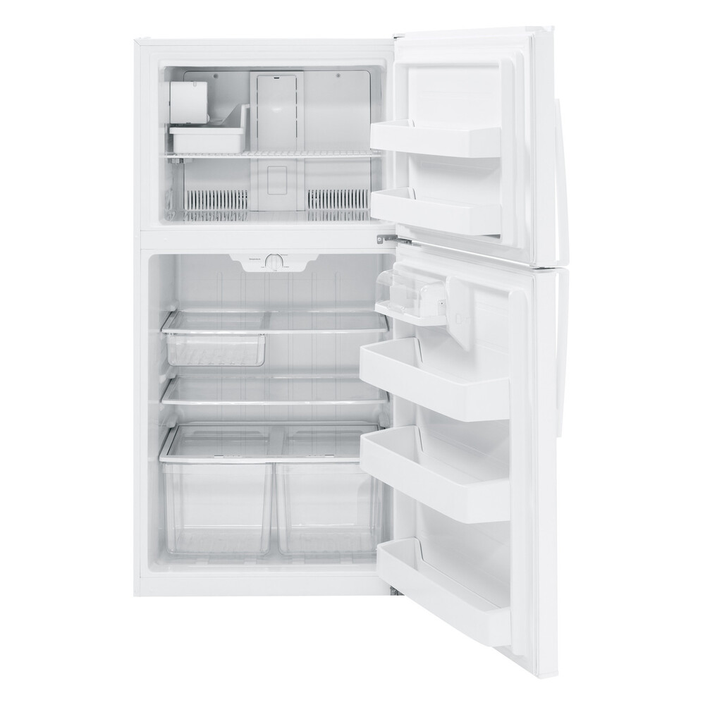 GE GIE21GTH 33 Inch Top Freezer Refrigerator with 21.1 cu. ft. Storage Capacity, Upfront Temperature Control, Adjustable Spill Resistant Glass Shelves, Installed Icemaker