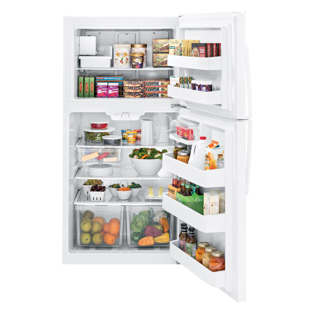 GE GIE21GTH 33 Inch Top Freezer Refrigerator with 21.1 cu. ft. Storage Capacity, Upfront Temperature Control, Adjustable Spill Resistant Glass Shelves, Installed Icemaker
