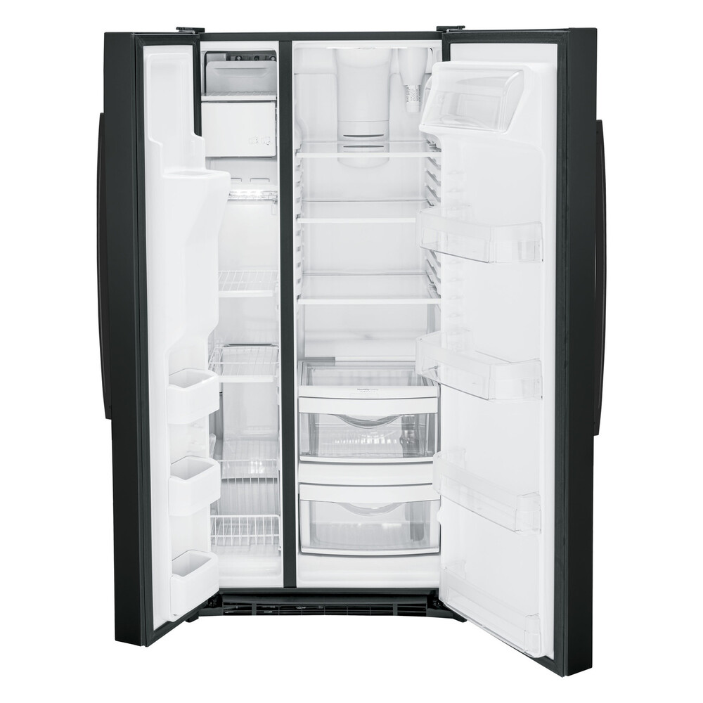 GE GSE23GGP 33 inch Side by Side Refrigerator with 23.0 Cu. Ft. Capacity, Adjustable Spill-Proof Glass Shelves and Humidity-Controlled Crisper Drawer