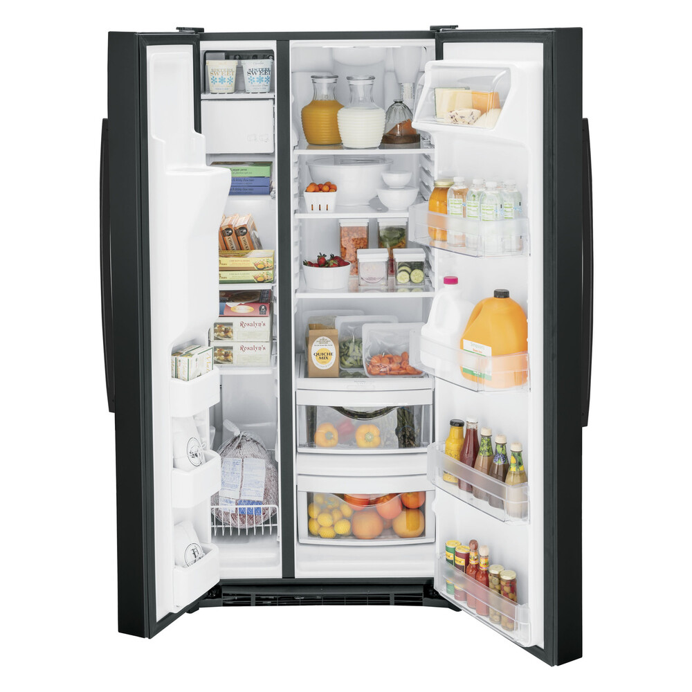GE GSE23GGP 33 inch Side by Side Refrigerator with 23.0 Cu. Ft. Capacity, Adjustable Spill-Proof Glass Shelves and Humidity-Controlled Crisper Drawer