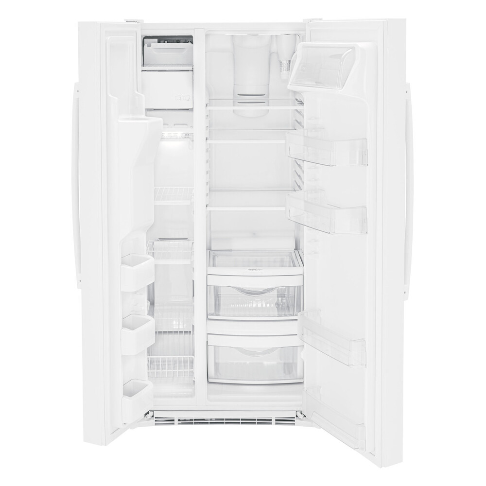 GE GSE23GGP 33 inch Side by Side Refrigerator with 23.0 Cu. Ft. Capacity, Adjustable Spill-Proof Glass Shelves and Humidity-Controlled Crisper Drawer