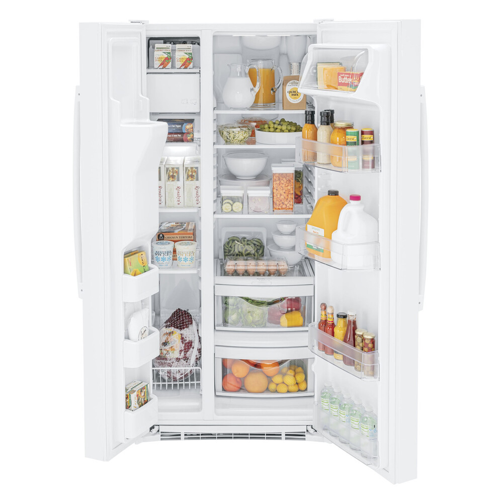 GE GSE23GGP 33 inch Side by Side Refrigerator with 23.0 Cu. Ft. Capacity, Adjustable Spill-Proof Glass Shelves and Humidity-Controlled Crisper Drawer