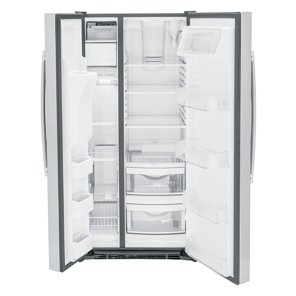 GE GSE23GGP 33 inch Side by Side Refrigerator with 23.0 Cu. Ft. Capacity, Adjustable Spill-Proof Glass Shelves and Humidity-Controlled Crisper Drawer