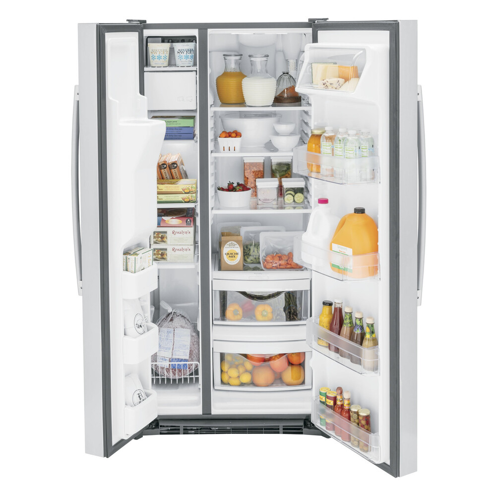 GE GSE23GGP 33 inch Side by Side Refrigerator with 23.0 Cu. Ft. Capacity, Adjustable Spill-Proof Glass Shelves and Humidity-Controlled Crisper Drawer