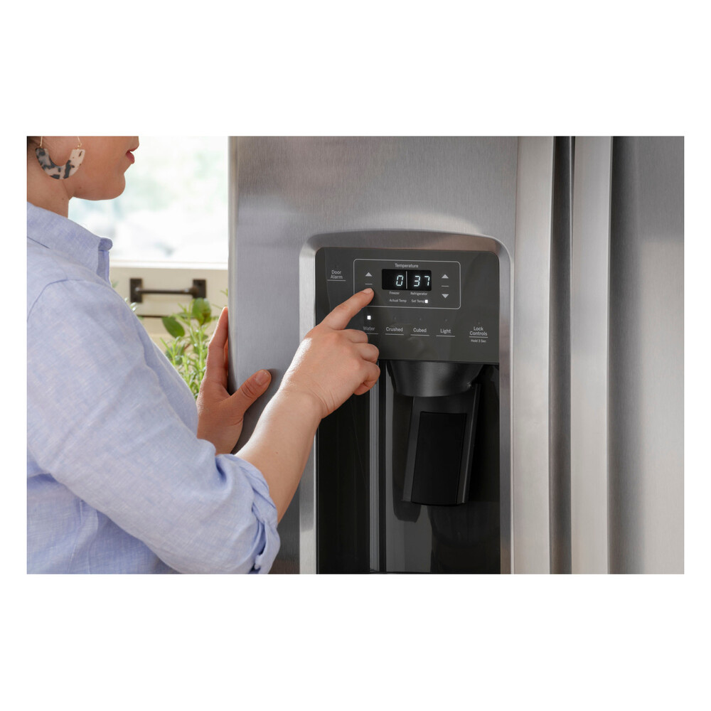 GE GSE23GGP 33 inch Side by Side Refrigerator with 23.0 Cu. Ft. Capacity, Adjustable Spill-Proof Glass Shelves and Humidity-Controlled Crisper Drawer