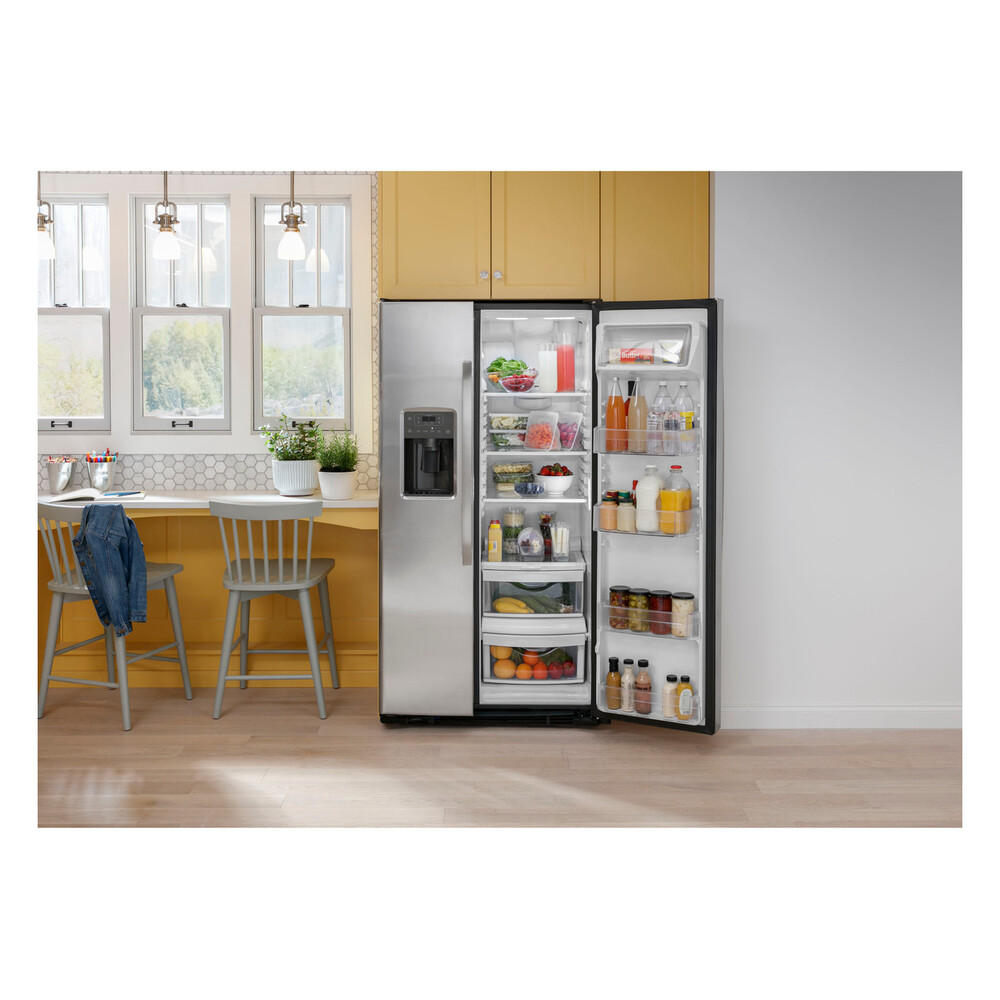 GE GSE23GGP 33 inch Side by Side Refrigerator with 23.0 Cu. Ft. Capacity, Adjustable Spill-Proof Glass Shelves and Humidity-Controlled Crisper Drawer