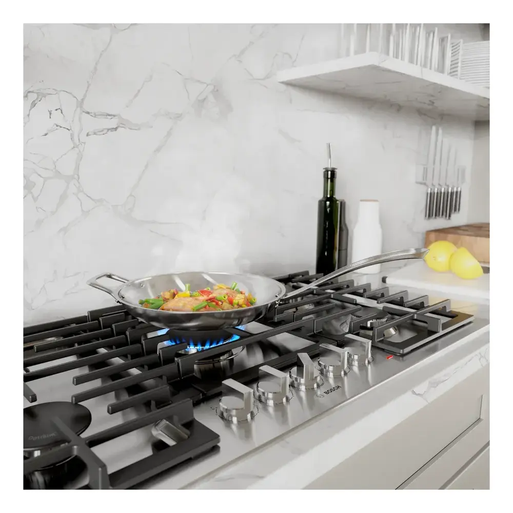 Bosch NGM5058UC 500 Series 30 inch Gas Cooktop with 5 Burners, OptiSim, Continuous Cast Iron Grates, ADA Compliant, in Stainless Steel