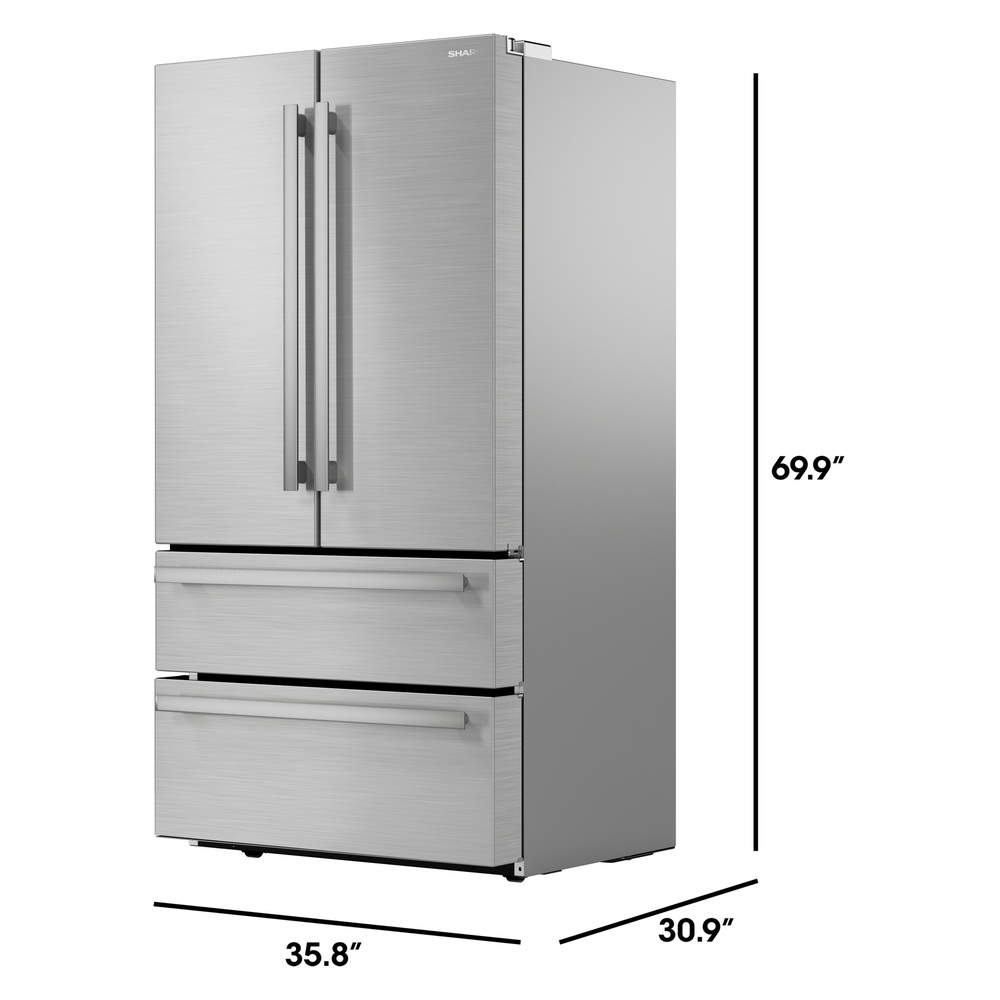 Sharp SJG2351FS 36 inch 4-Door French Door Refrigerator with 22.5 cu. ft. Capacity, Fingerprint Resistant, Energy Star, Automatic Ice Maker and Humidity-Controlled Crisper Bins in Stainless Steel