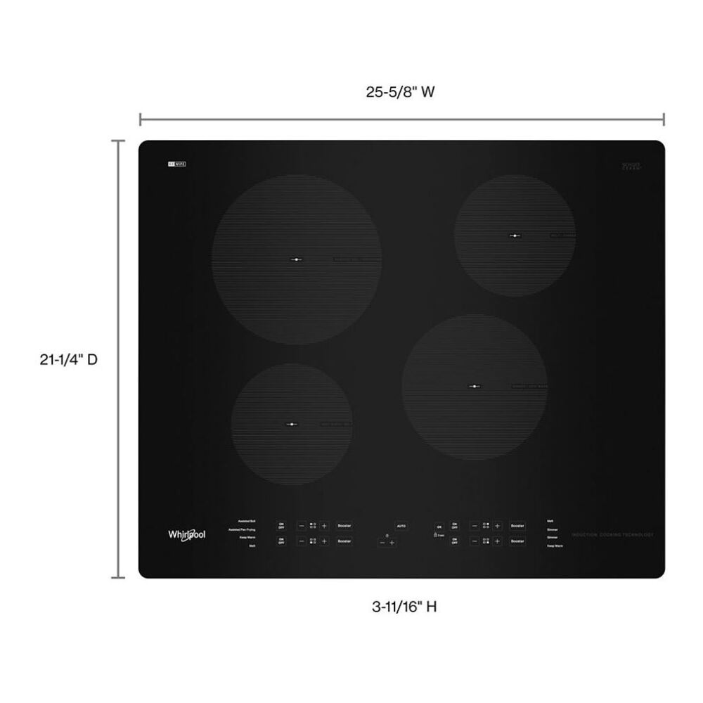 Whirlpool WCI55US4JB 26 inch Induction Cooktop with 4 Induction Elements, 3000 Watts Heating Power, Control Lock Mode, Pan Detection in Black