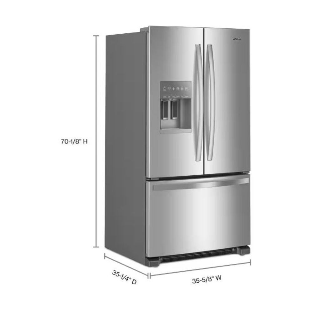 Whirlpool WRFF3436R 36 inch Freestanding French Door Bottom Mount Refrigerator 24.7 cu. ft. Capacity, Adaptive Defrost, Spillproof Glass Shelves, Two-Tier Freezer Storage