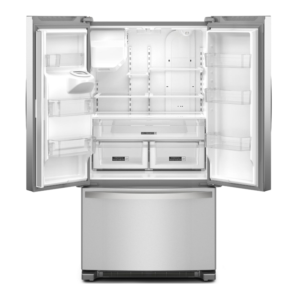 Whirlpool WRFF3436R 36" Freestanding French Door Bottom Mount Refrigerator 24.7 cu. ft. Capacity, Adaptive Defrost, Spillproof Glass Shelves, Two-Tier Freezer Storage